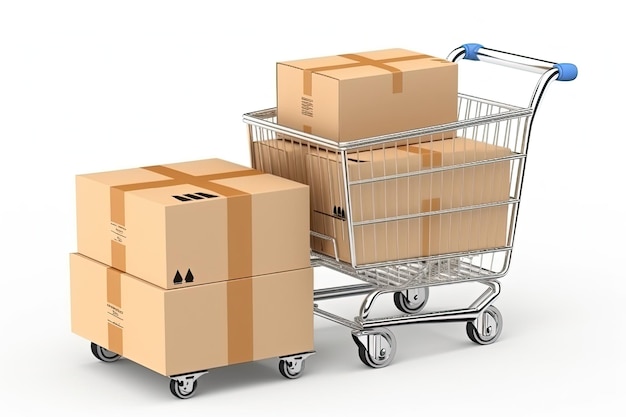 Illustration von Einkaufswagen und Kartons im Hintergrund des Online-Shop-Konzepts Generative KI