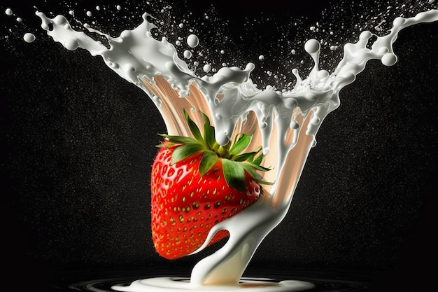 Illustration von Erdbeeren, die in weiße Milch oder Joghurt spritzen