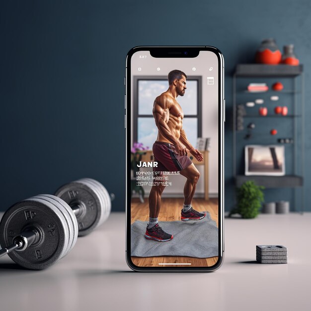 Foto illustration von fitness zu hause, online-training auf der telefon-app für trai