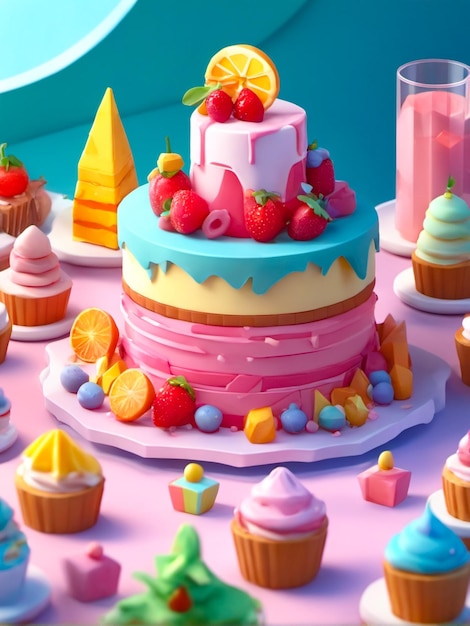 Illustration von Geburtstagskuchen-Cliparts mit Früchten als Geburtstagshintergrund
