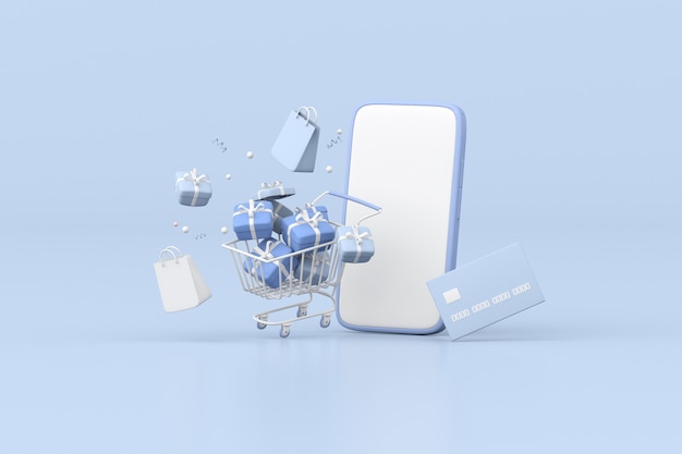 Illustration von Geschenkboxen in einem Warenkorb mit Kreditkarten und Smartphone3D-Rendering