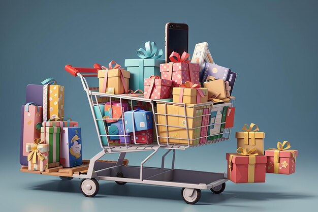 Illustration von Geschenkkisten in einem Wagen mit Kreditkarten und Smartphone3D-Rendering