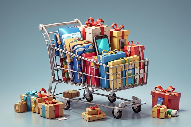 Illustration von Geschenkkisten in einem Wagen mit Kreditkarten und Smartphone3D-Rendering