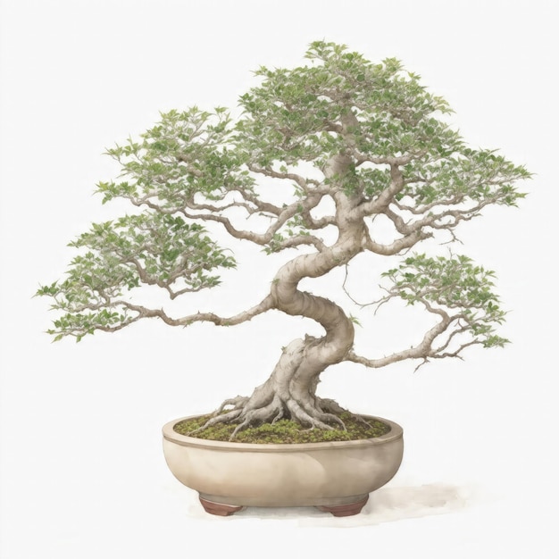 Illustration von Ginseng-Ficus-Bonsai im Aquarellstil auf weißem Hintergrund