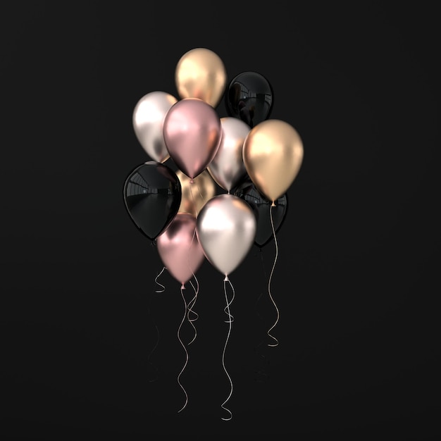 Illustration von glänzend rosa schwarzen und goldenen Luftballons auf schwarzem Hintergrund 3D-Renderluftballons