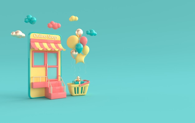 Illustration von glänzenden Luftballons Einkaufskorb Geschenkbox Smartphone Online-Shopping-Konzept
