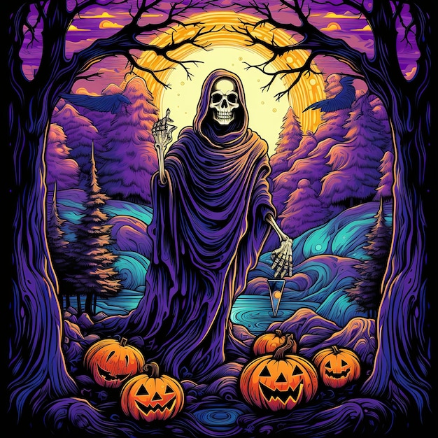 Illustration von Grim Reaper gefärbt mit leuchtenden Farben Kürbisse mit