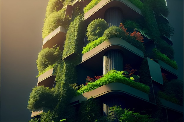 Illustration von grünen, üppig bewachsenen Gebäuden Ende der menschlichen Ära AI