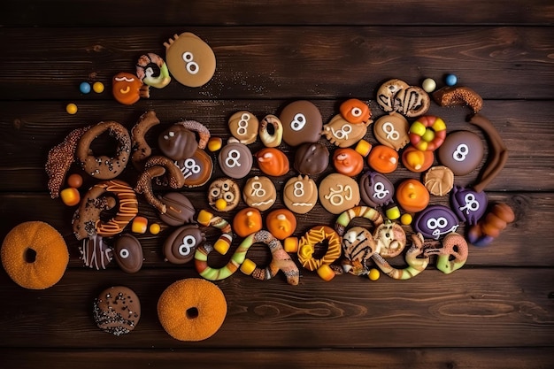 Illustration von Halloween-Keksen auf einem dunklen und gruseligen Holzhintergrund. Generative KI