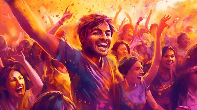 Illustration von indischen Menschen, die das Holi-Festival feiern, mit buntem Pulver im Hintergrund