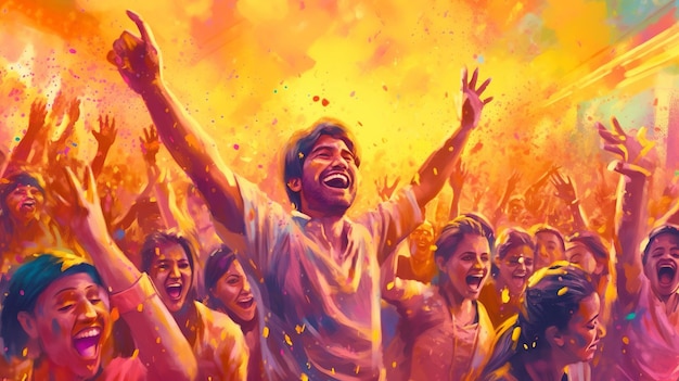 Illustration von indischen Menschen, die das Holi-Festival feiern, mit buntem Pulver im Hintergrund