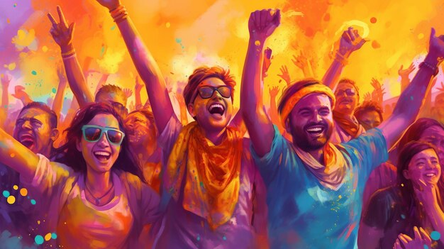 Illustration von indischen Menschen, die das Holi-Festival feiern, mit buntem Pulver im Hintergrund