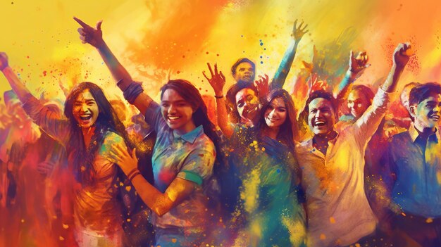 Illustration von indischen Menschen, die das Holi-Festival feiern, mit buntem Pulver im Hintergrund