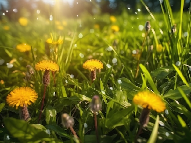 Foto illustration von jungem saftig grünem grünem gras mit gelben löwenzahn macro bokeh sonnenlicht ki