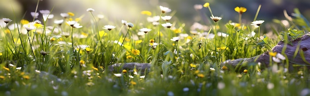 Foto illustration von jungem saftig grünem grünem gras mit gelben löwenzahn macro bokeh sonnenlicht ki