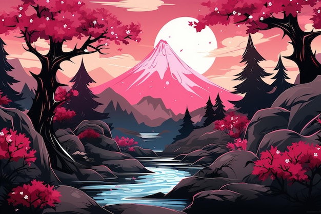 Illustration von Kirschblütenbäumen in Japan Generative KI