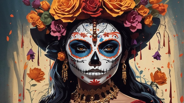 Illustration von La Catrina, einer ikonischen Persönlichkeit des Dias de los Muertos mit Sombrero de Flores
