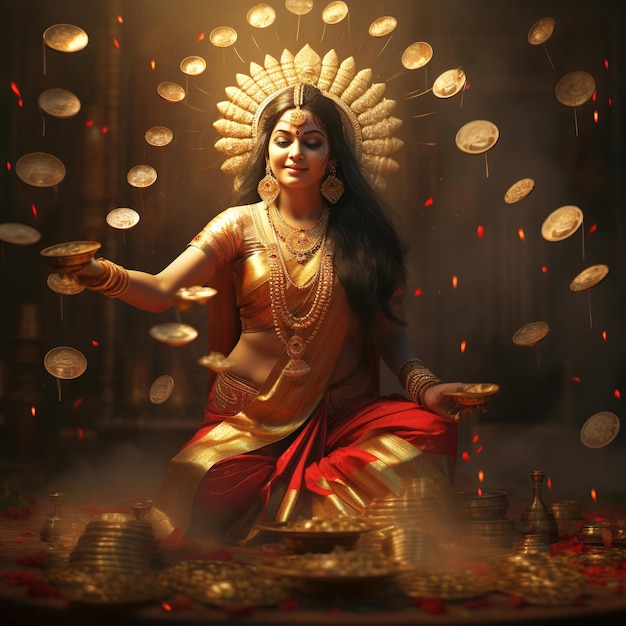 Illustration von Laxmi Mata mit einem Topf voller Goldmünzen, die aus