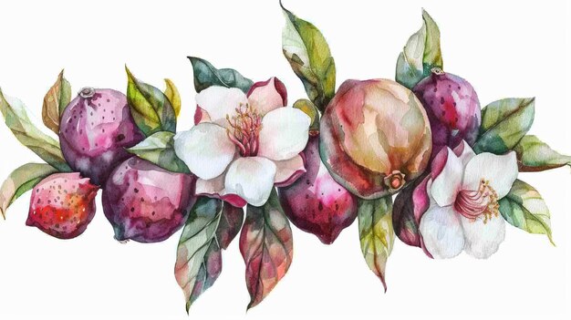 Illustration von Mangosteenblüten in Aquarell auf weißem Hintergrund Clipart-Illustration für Obstladen-Tags oder -Etiketten