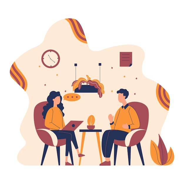 Illustration von Mann und Frau, die flach sitzen, während sie im Büro über Gespräche diskutieren