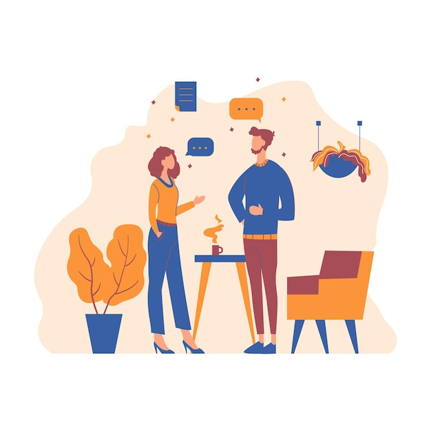 Illustration von Mann und Frau, die flach stehen, während sie im Büro über Gespräche diskutieren