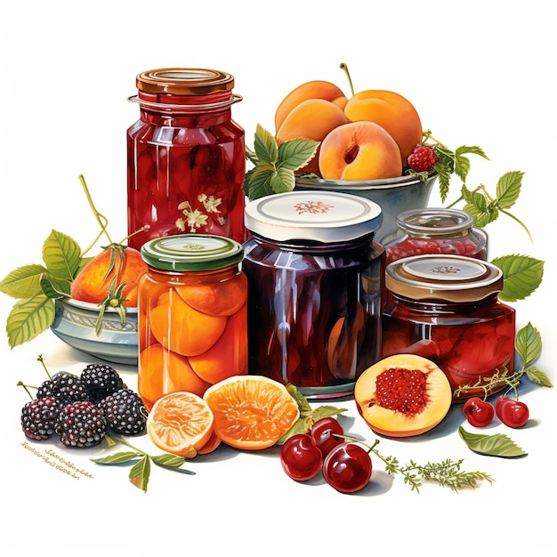 Illustration von Marmeladen-Sortiment an Marmeladen, saisonalen Beeren, Aprikose