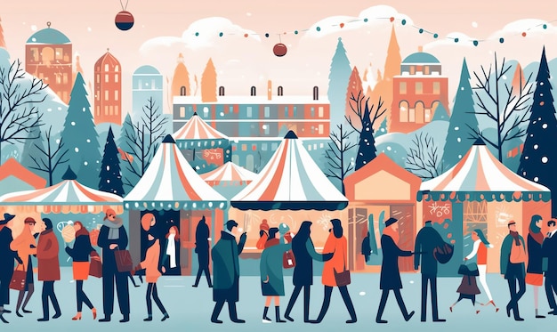 Illustration von Menschen, die einen festlichen Weihnachtsmarkt genießen