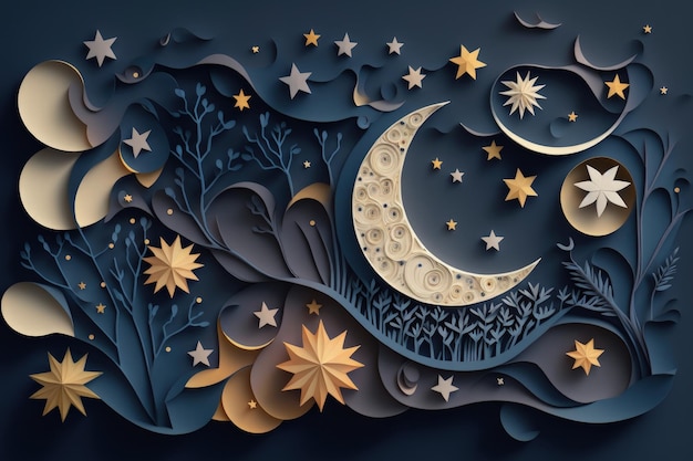 Illustration von Mond und Sternen mit dunkelblauem Hintergrund aus Papierausschnitt. Generative KI