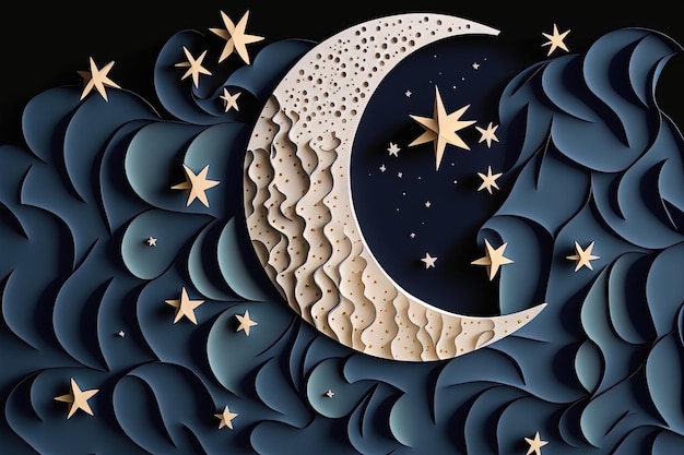 Illustration von Mond und Sternen mit dunkelblauem Hintergrund aus Papierausschnitt. Generative KI