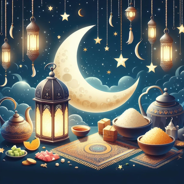Illustration von Mond und traditioneller arabischer Moschee auf einem dunklen Hintergrund islamische Feier