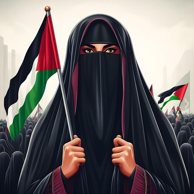 Foto illustration von muslimischen frauen, die die fahne palästinas in einem von ki generierten freiheitsprotest halten