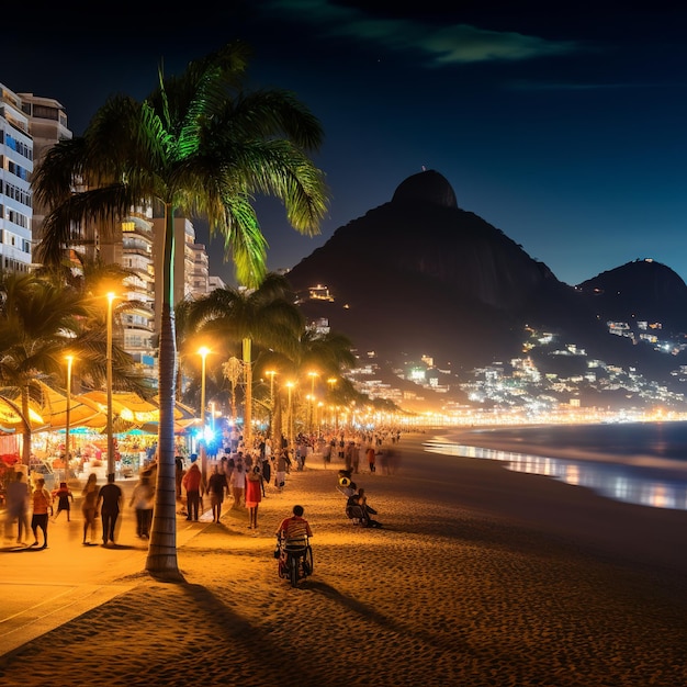 Illustration von Nachtansicht des Copacabana-Strandes in Rio de Janeiro