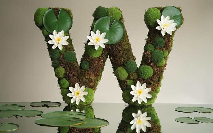Foto illustration von natureinspired letter w mit moos und weißen blumen generative ai