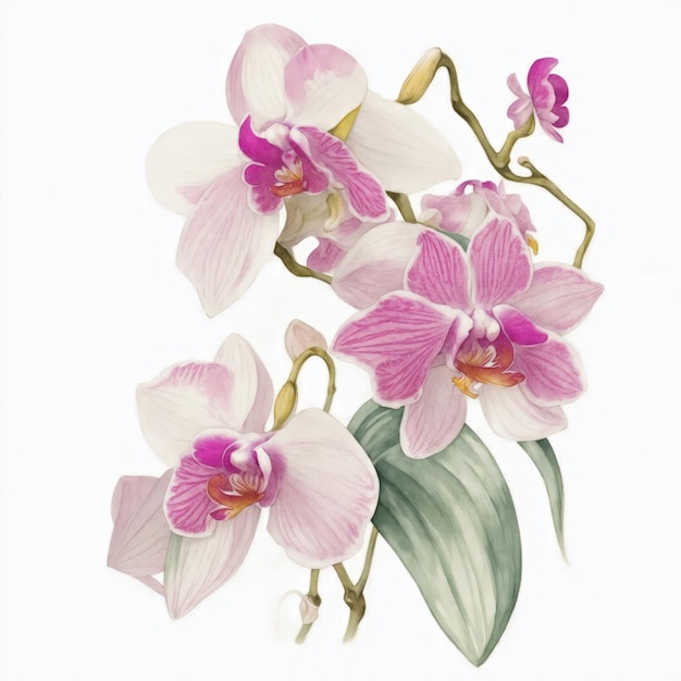 Illustration von Orchideenblüten im Aquarellstil auf weißem Hintergrund