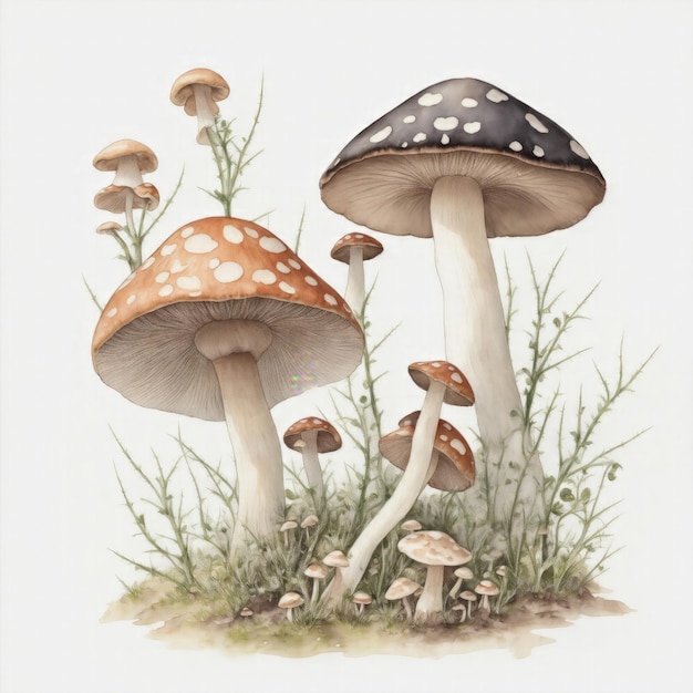 Illustration von Pilzen im Aquarellstil auf weißem Hintergrund