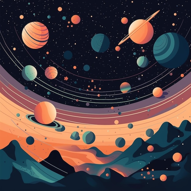 Foto illustration von planeten und planeten am himmel mit bergen und sternen, generative ki