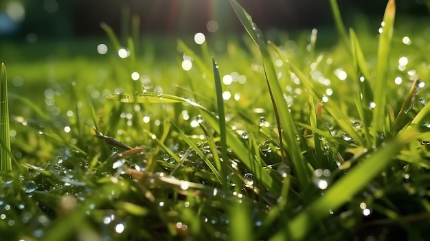 Illustration von saftigem grünem Gras mit Wassertropfen Macro bokeh SonnenlichtAI