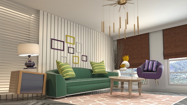 Illustration von schwebenden Möbeln im Wohnzimmer