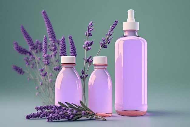 Illustration von Shampoo- und Gelflaschen mit violettem Lavendelblütenduft Generative KI