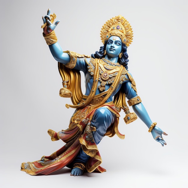 Illustration von Shri Krishna, blaue Haut, goldene Rüstung, rote Kleidung, Rai