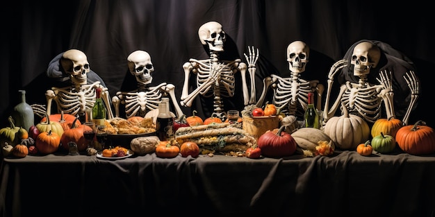 Foto illustration von skeletten, die an einem festlichen tisch sitzen und halloween-halloween-party feiern