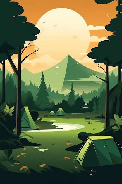 Foto illustration von sommer-bergcampingzelt im wald ki-generativ