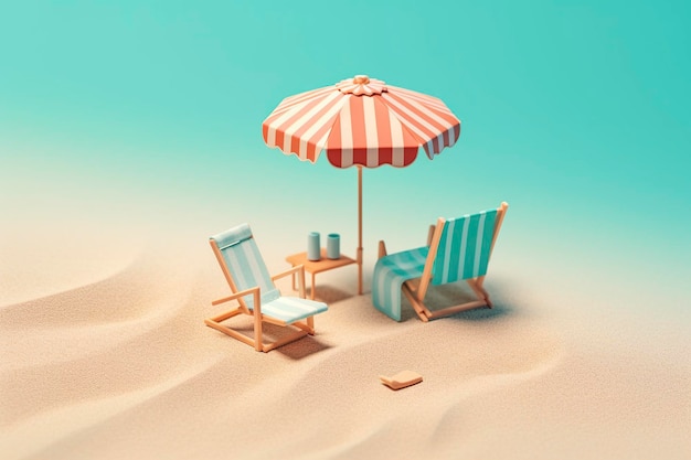 Illustration von Sonnenliegen und Sonnenschirm am Strandsand, isometrische Komposition mit Kopierraum