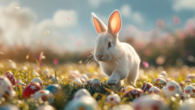 Foto illustration von süßem osterhase, der auf einem grünen rasen zwischen bunten ostereiern springt