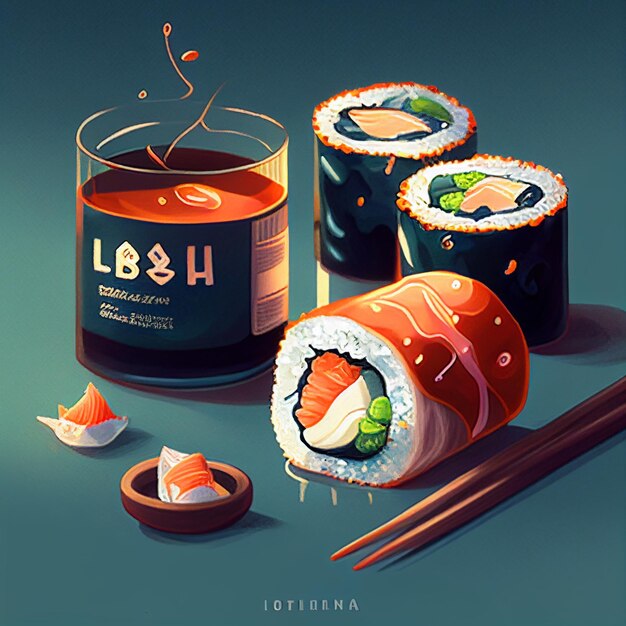 Illustration von Sushi-Rollen und Essstäbchen mit einem Glas Tee generative KI