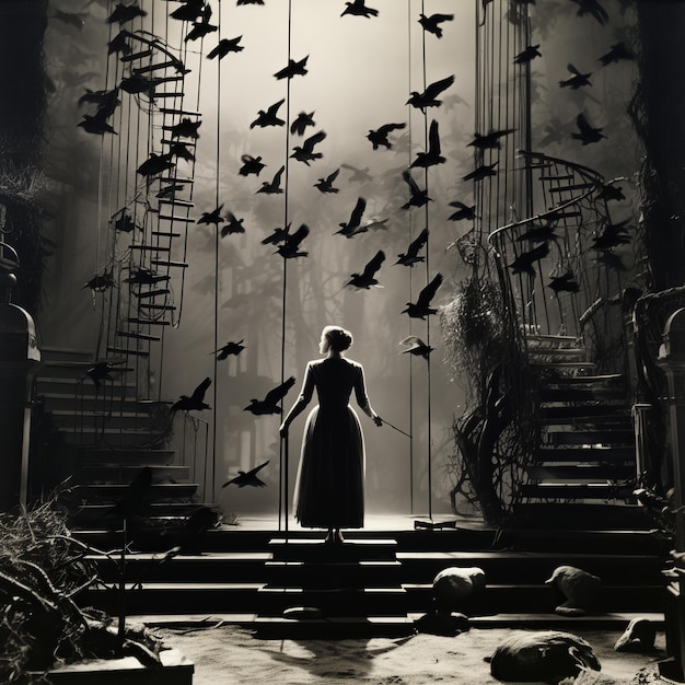 Illustration von Toshiko Okanoues Bühnenbild für den Film „Die Vögel“.