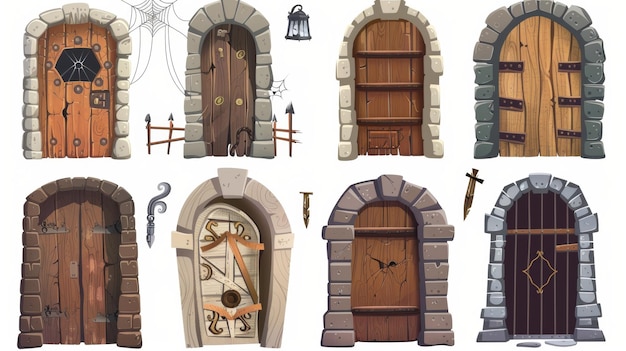 Illustration von verlassenen Gebäudedesign-Elementen staubige Steinveranda Spinnweben auf bogenförmigen Türen mit verschlossenen Türen Eisen Türknopf auf mittelalterlichen Holztüren auf weißem Hintergrund