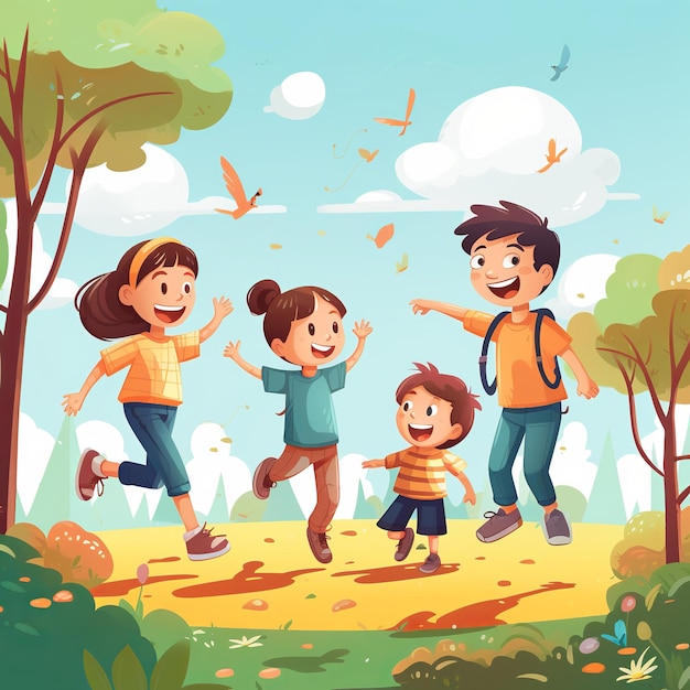 Foto illustration von viereckigen kindern, die in der parkwohnung spielen