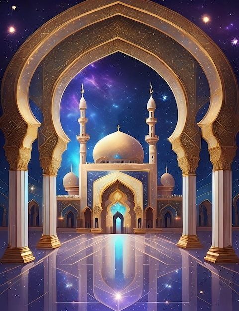 Illustration von wunderschönen Innenbogen, Säulen einer islamischen Moschee mit vielen Sternen Nostalgische islamische Architektur Islamisches Festival