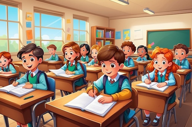 Illustration von Zeichentrickfilmen von Schulkindern, die im Klassenzimmer lernen